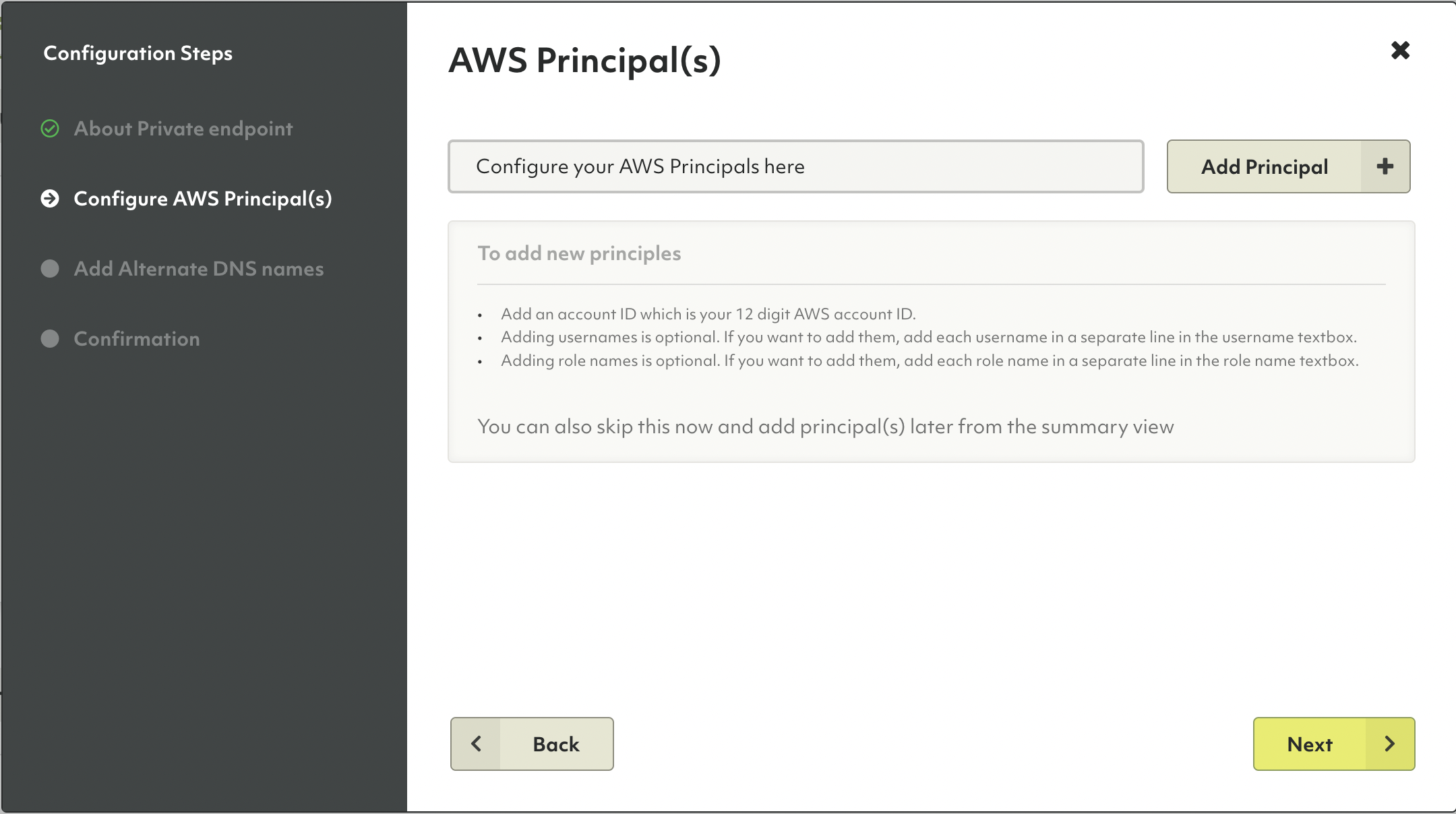 Oasis AWS Private Endpoint Configure Principals